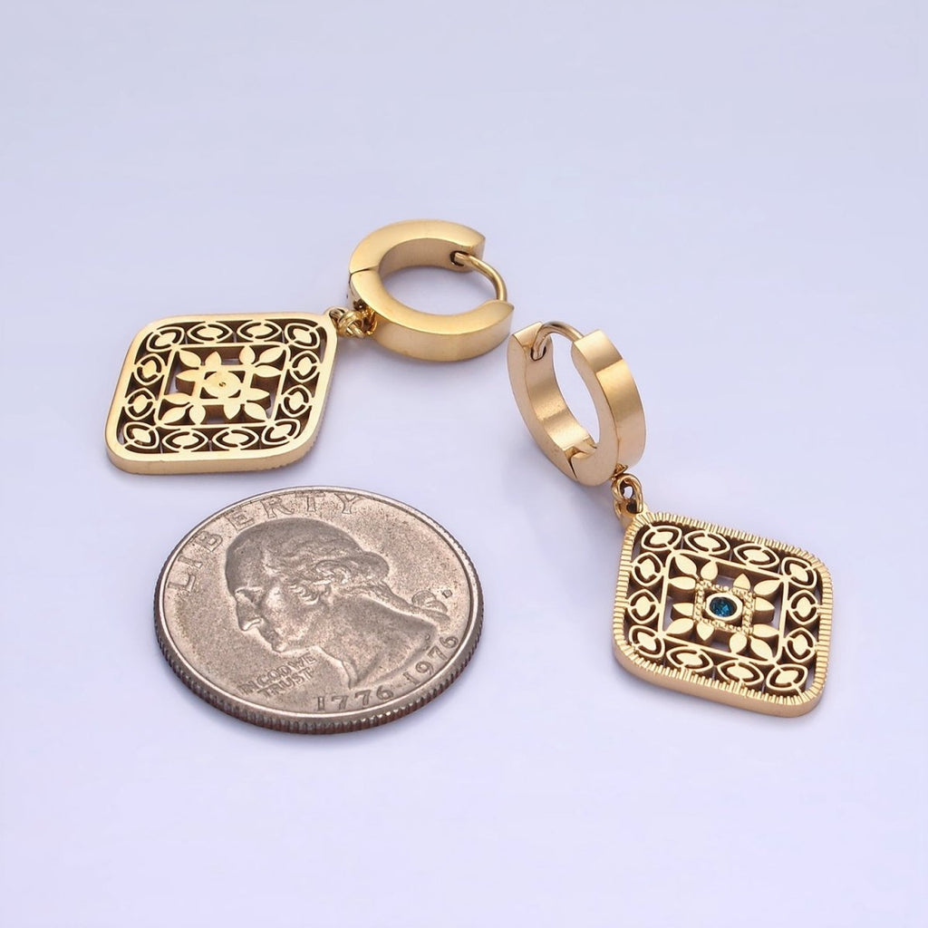 Stainless Steel Blue CZ Flower Filigree Rhombus Drop Huggie Earrings in Gold & Silver | AE477 AE478 - DLUXCA