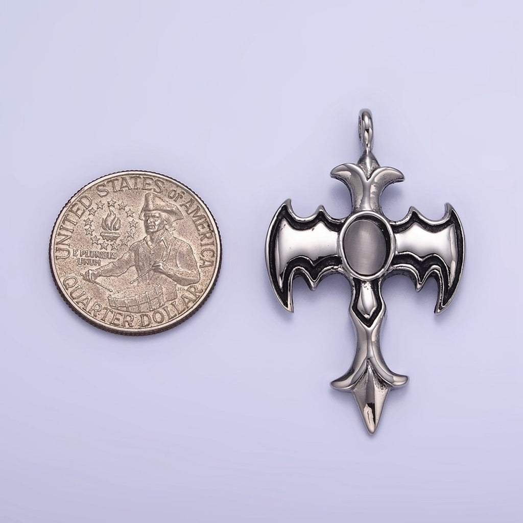 Stainless Steel Cats Eye Bat Wings Fleur Religious Cross Oxidized Silver Charm | P945 - DLUXCA