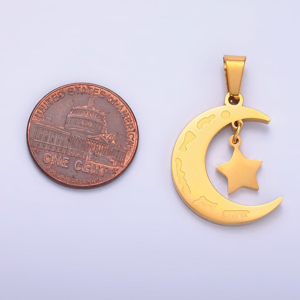 Stainless Steel Celestial Crescent Moon Star Drop Pendant | P863 - DLUXCA