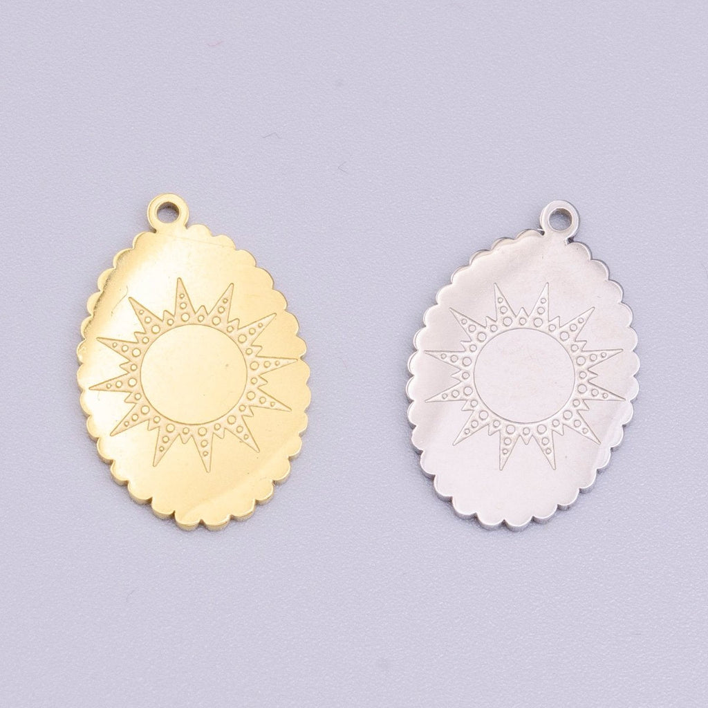 Stainless Steel Celestial Sun Engraved Rounded Oval Charm in Gold & Silver | P-914 - DLUXCA