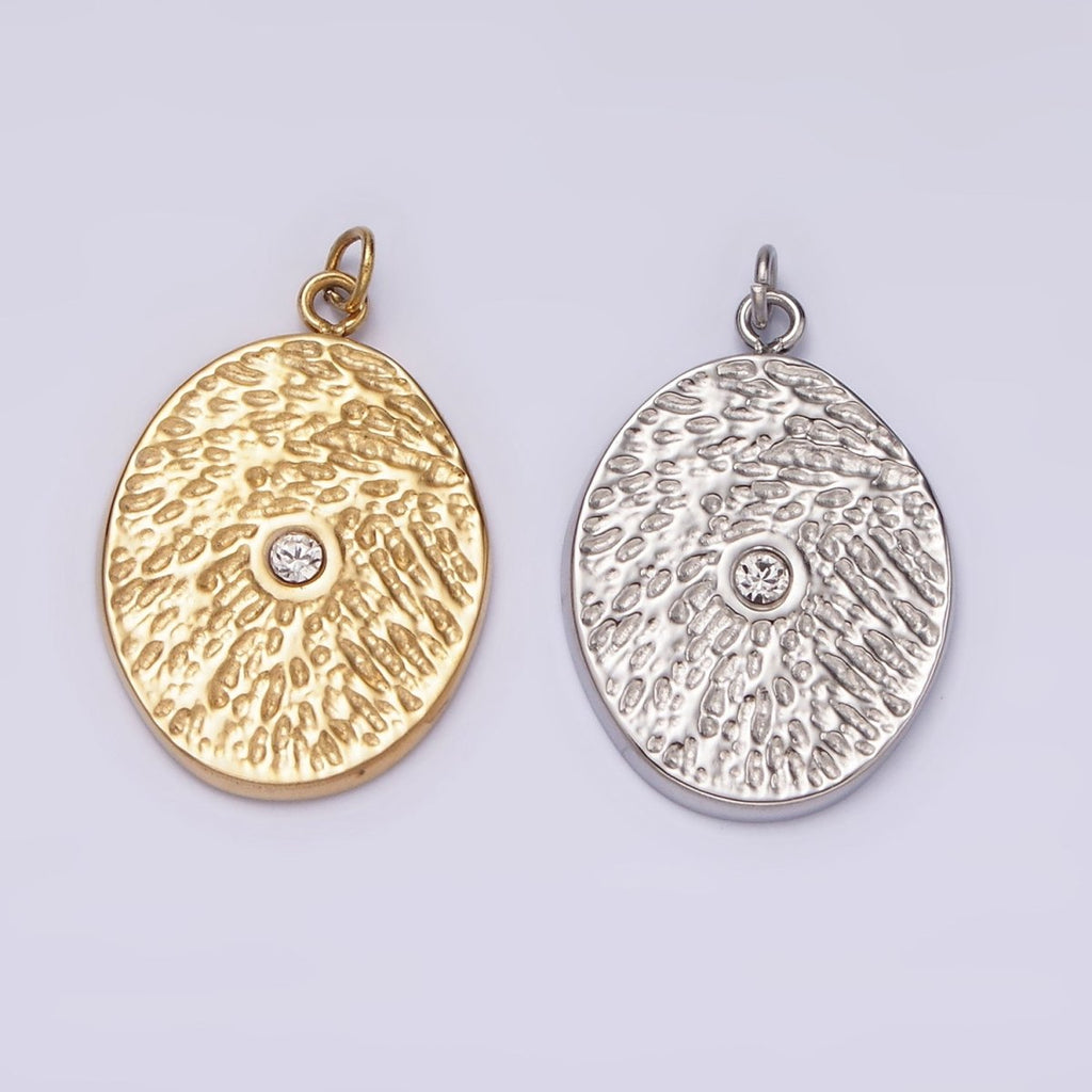 Stainless Steel Clear CZ Dented Oval Charm in Gold & Silver | P1310 P1311 - DLUXCA