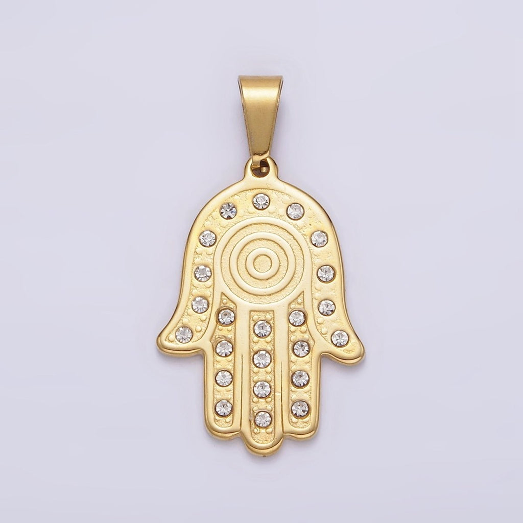 Stainless Steel Clear CZ Lined Hamsa Hand Pendant in Gold & Silver | P-728 P-729 - DLUXCA