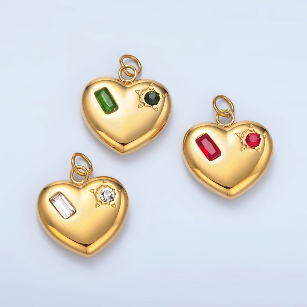 Stainless Steel Clear, Green, Red CZ Baguette Star Chubby Heart Charm | P694 - DLUXCA