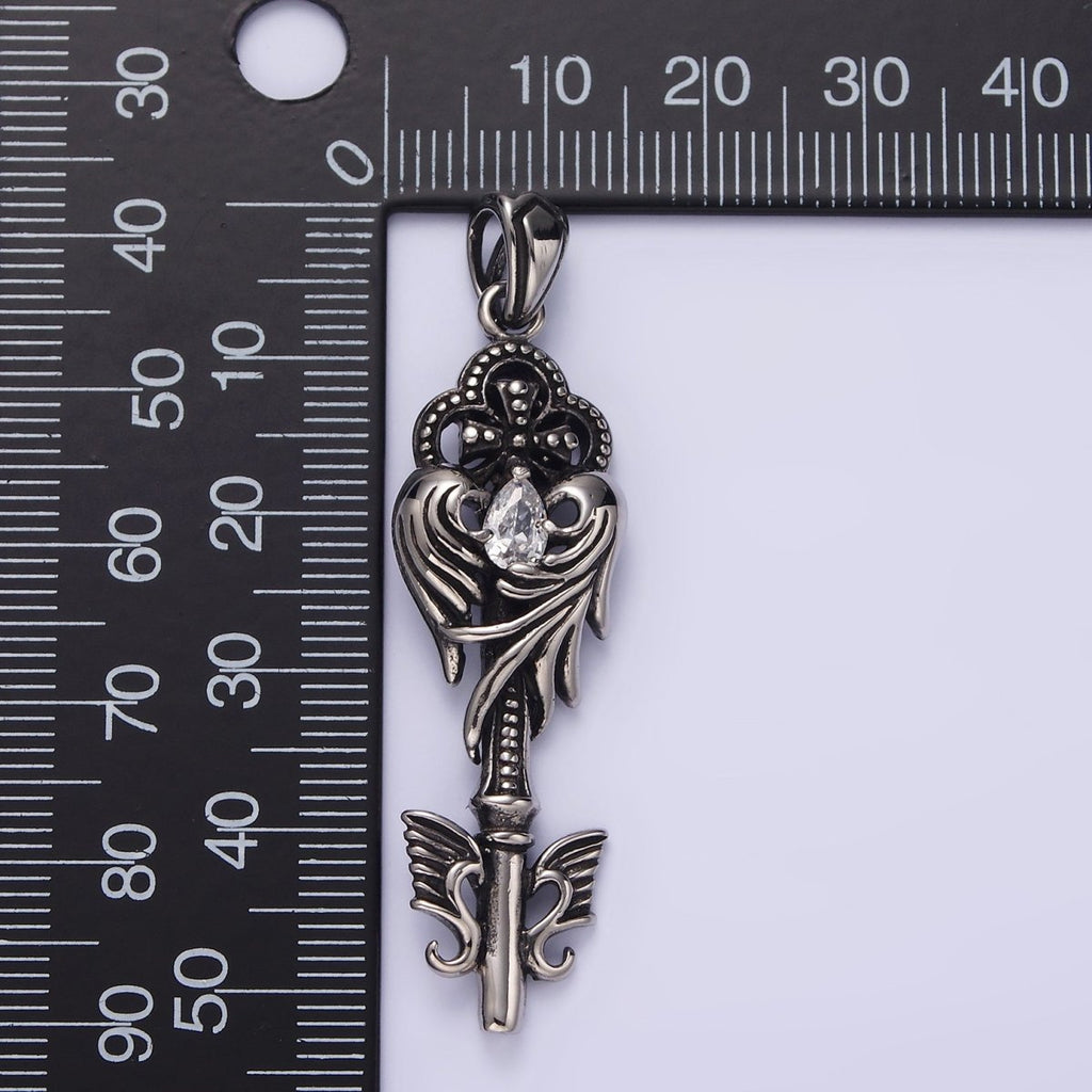 Stainless Steel Clear Teardrop CZ Wings Beaded Pattee Quatrefoil Key Pendant | P-743 - DLUXCA