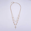 Stainless Steel Cross Geometric CZ Drop Triple Rolo Chain Layering Necklace w. 2 Inch Extender | WA - 2548 - DLUXCA