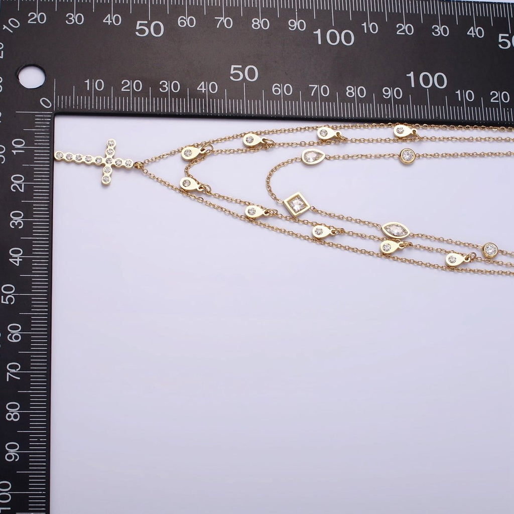 Stainless Steel Cross Geometric CZ Drop Triple Rolo Chain Layering Necklace w. 2 Inch Extender | WA - 2548 - DLUXCA