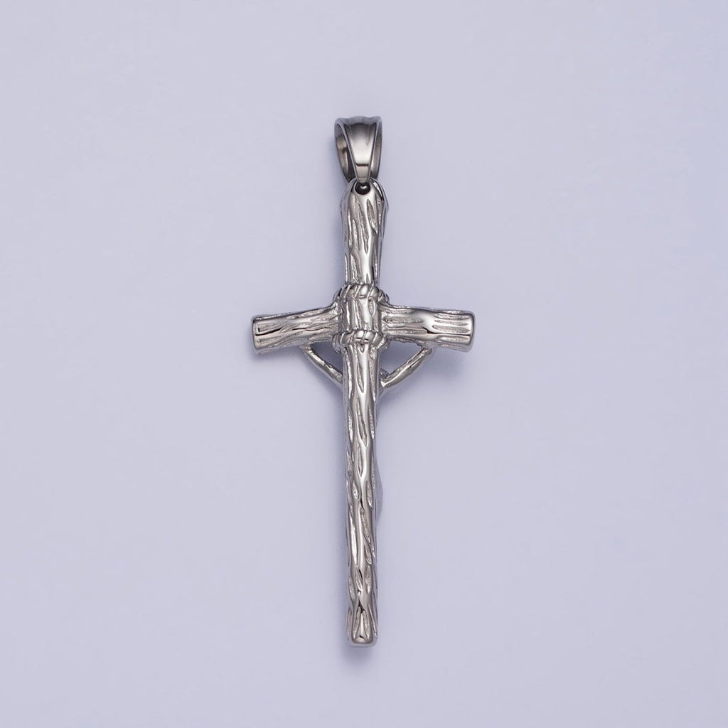 Stainless Steel Crucifix Cross Wood Textured Pendant in Silver & Gold P-1145 - DLUXCA