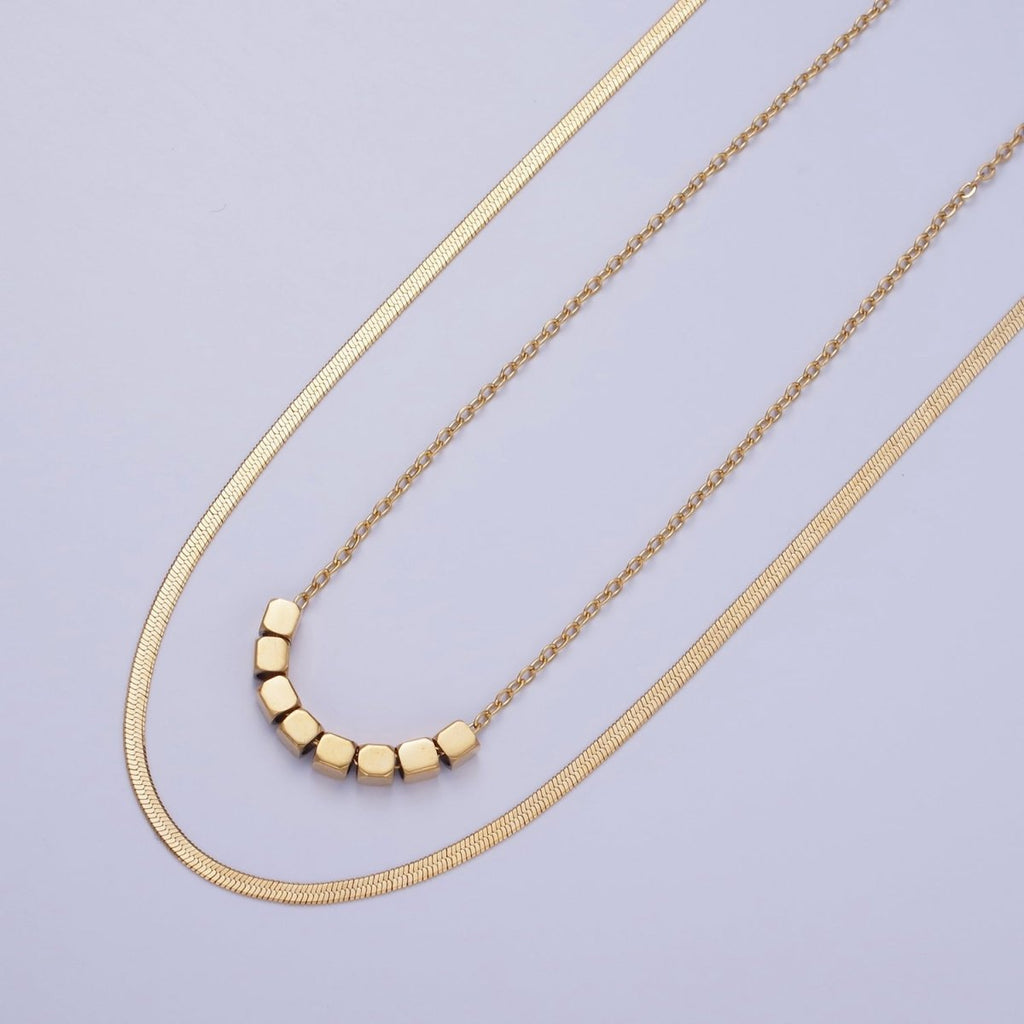 Stainless Steel Cube Cable Herringbone Chain Double Layer Necklace w. Extender in Gold & Silver | WA-2490 WA-2491