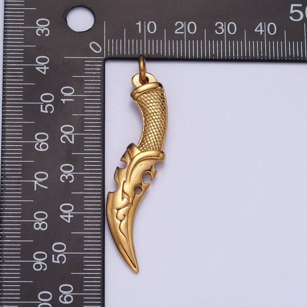 Stainless Steel Curved Engraved Dagger Knife Charm in Gold & Silver J-460 J-461 - DLUXCA