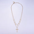 Stainless Steel CZ Dotted Religious Cross Drop Cable Chain Double Layering Necklace | WA - 2547 - DLUXCA