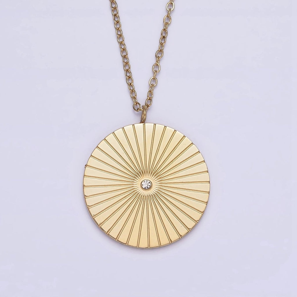 Stainless Steel CZ Lined Sunburst Round Charm 20 Inch Cable Chain Layering Necklace | WA-2036 Clearance Pricing - DLUXCA
