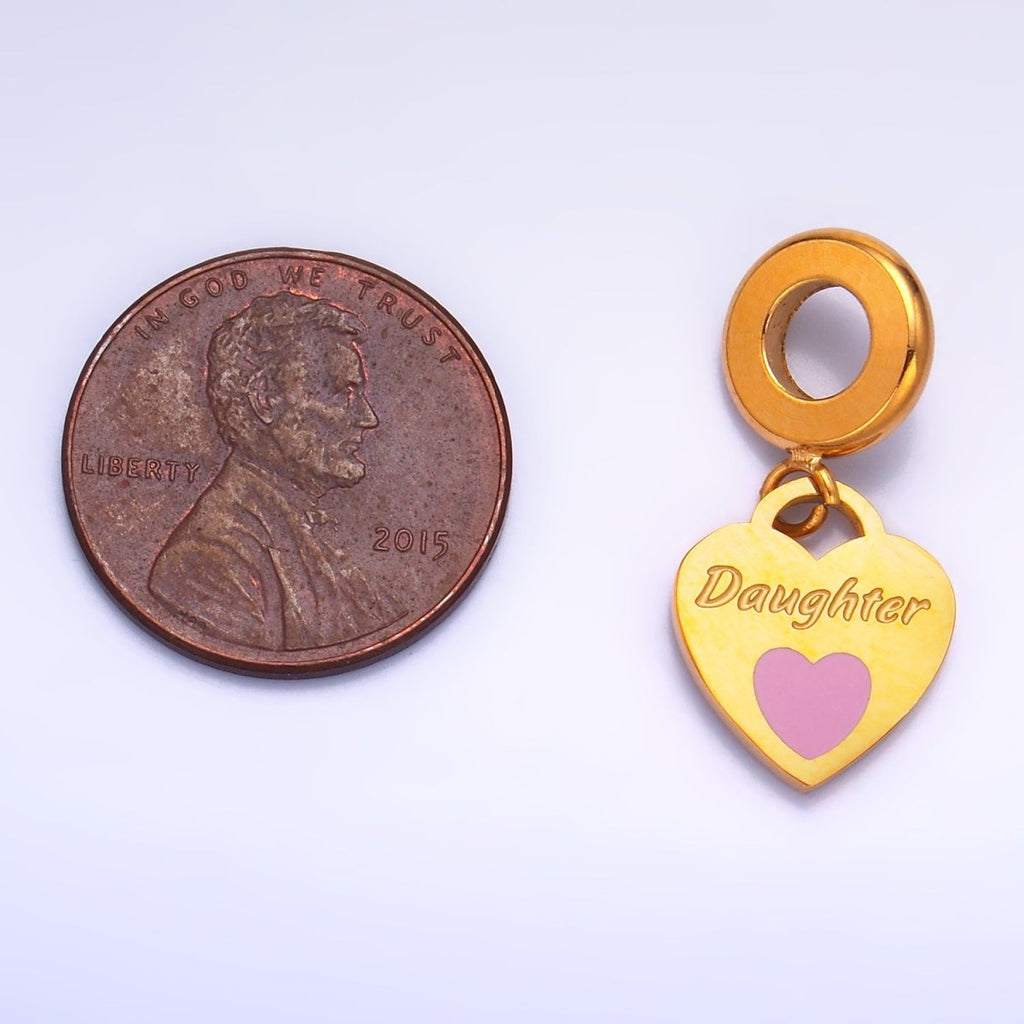 Stainless Steel "Daughter" Script Enamel Heart Padlock Rhondelle Drop Charm | P751 - DLUXCA