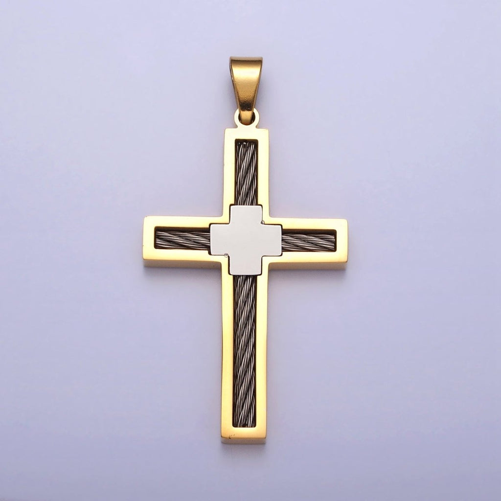 Stainless Steel Double Sided Cross Rope Textured Religious Pendant in Gold & Silver | P - 1093 P - 1094 - DLUXCA
