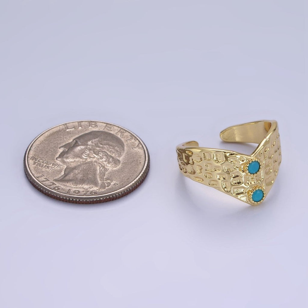 Stainless Steel Double Turquoise Hammered Chevron Ring | O1307 - DLUXCA