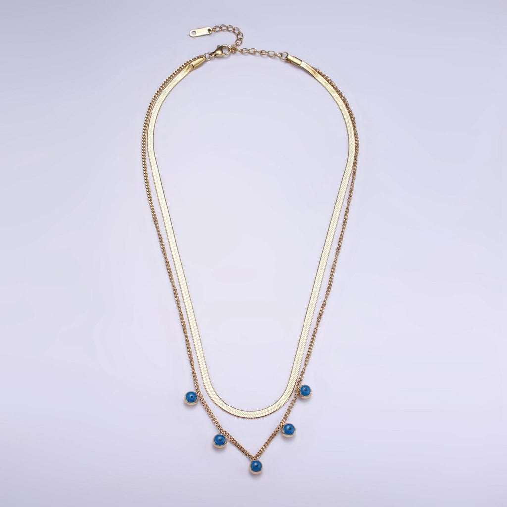 Stainless Steel Evil Eye Drop Curb Herringbone Chain Double Layering Necklace | WA - 2545 - DLUXCA