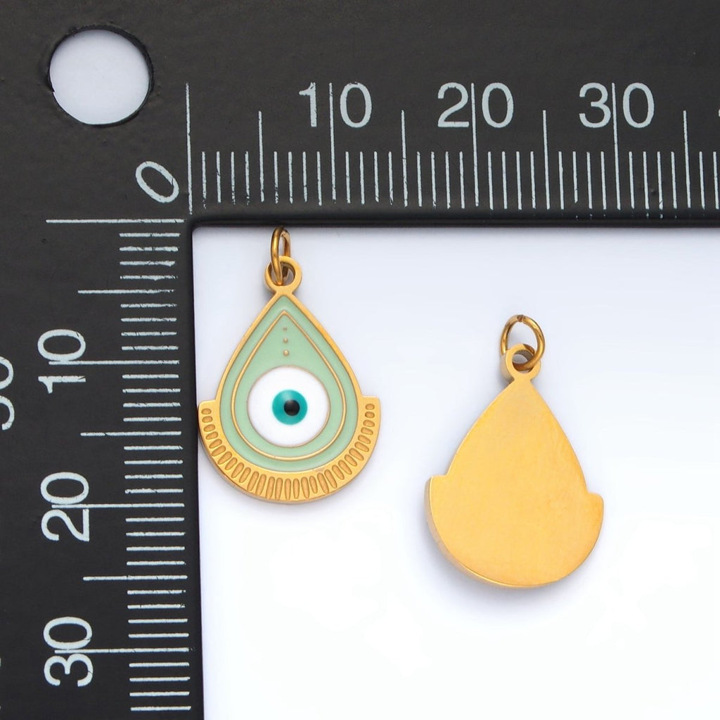 Stainless Steel Evil Eye Green Enamel Teardrop Charm | P620 - DLUXCA