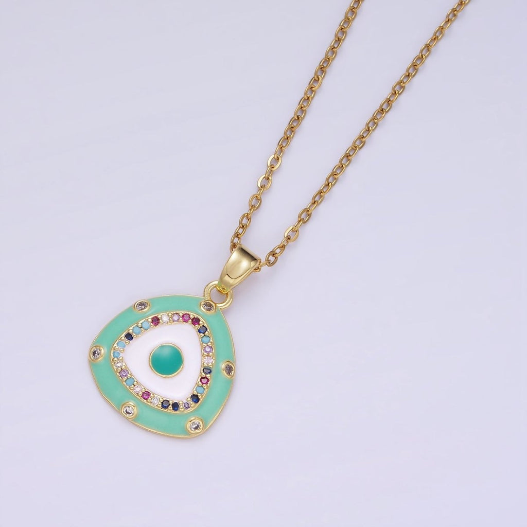 Stainless Steel Evil Eye Micro Paved Enamel Triangle Cable 16 Inch Choker Necklace | WA-2413 - DLUXCA