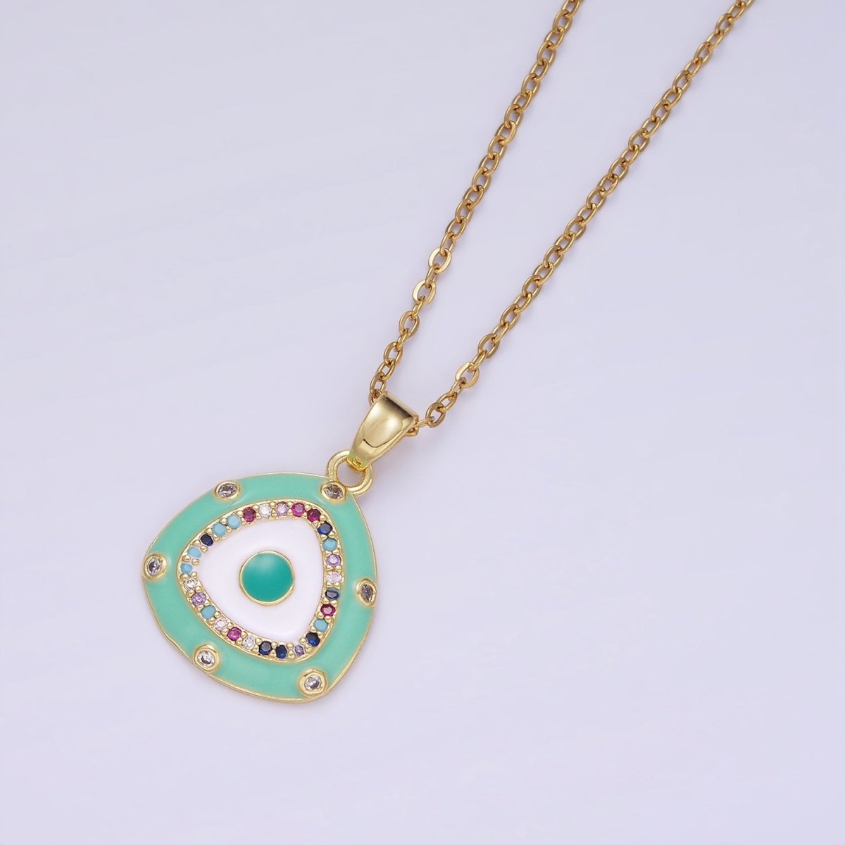 Stainless Steel Evil Eye Micro Paved Enamel Triangle Cable 16 Inch Choker Necklace | WA-2413 - DLUXCA