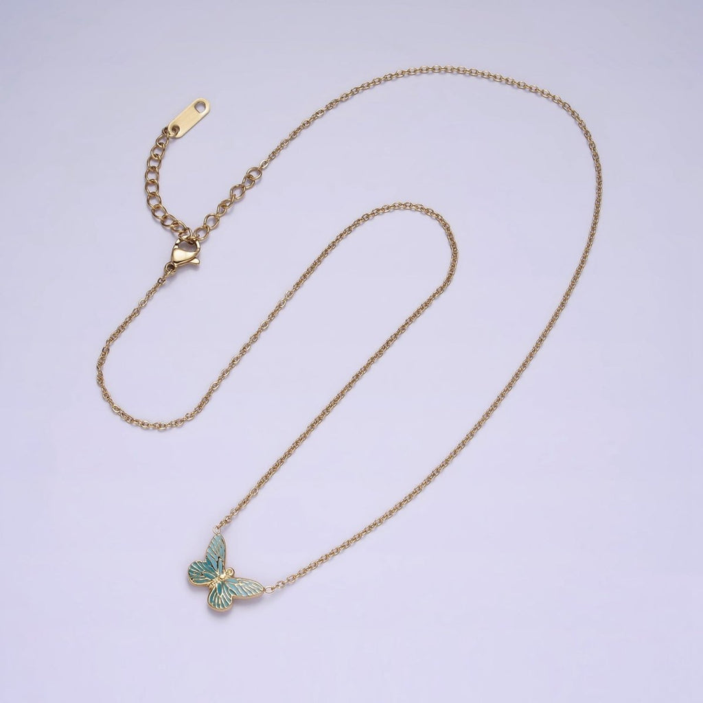 Stainless Steel Fairy Butterfly Wings Blue Enamel 17 Inch Cable Chain Necklace | WA-2059 Clearance Pricing - DLUXCA
