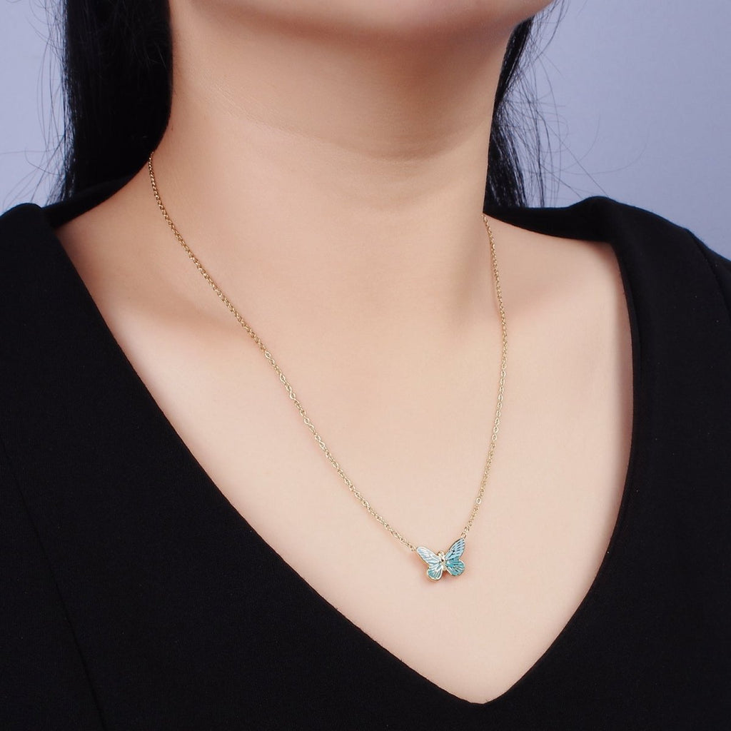 Stainless Steel Fairy Butterfly Wings Blue Enamel 17 Inch Cable Chain Necklace | WA-2059 Clearance Pricing - DLUXCA