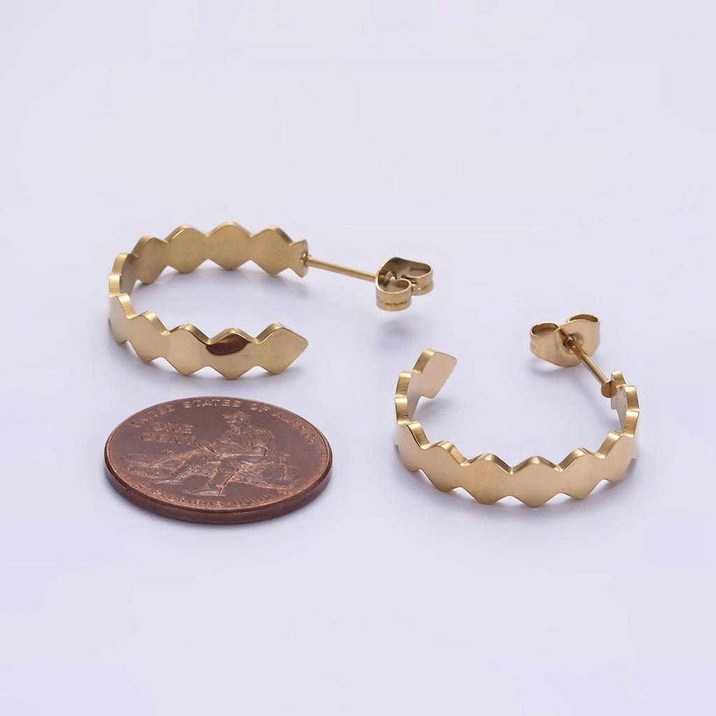 Stainless Steel Flat Rhombus Wavy Geometric C-Shaped Hoop Earrings | AE733 - DLUXCA