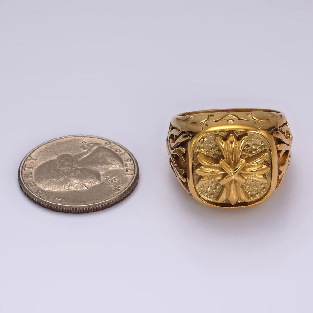 Stainless Steel Fleury Tied Line Artisan Gold Signet Ring | O1245 - O1247