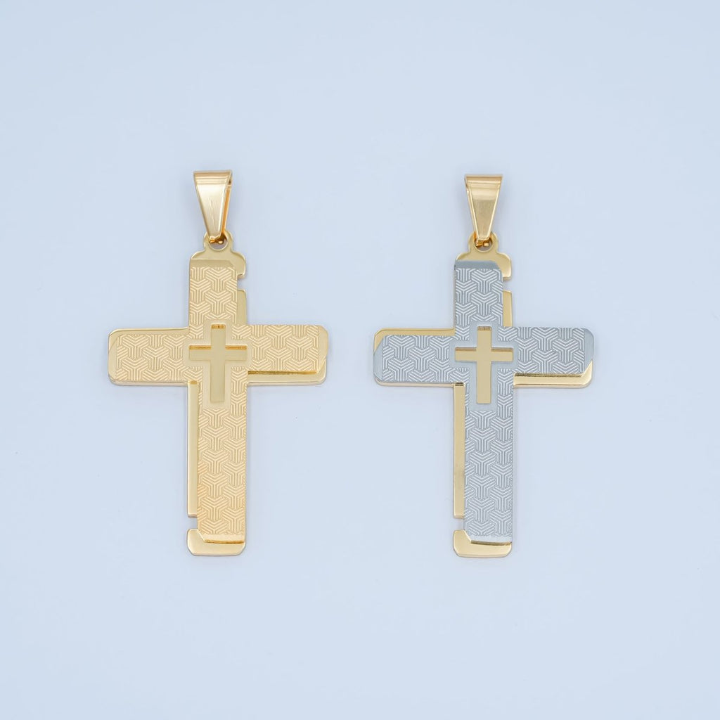 Stainless Steel Geometric Lined Double Cross Pendant in Gold & Mixed Metal | P1049 - DLUXCA