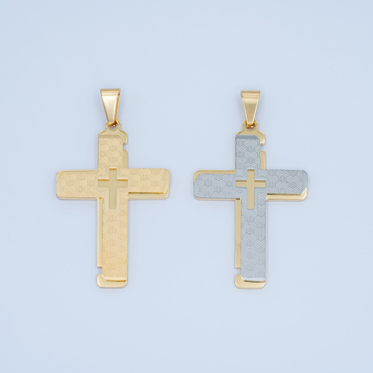 Stainless Steel Geometric Lined Double Cross Pendant in Gold & Mixed Metal | P1049 - DLUXCA
