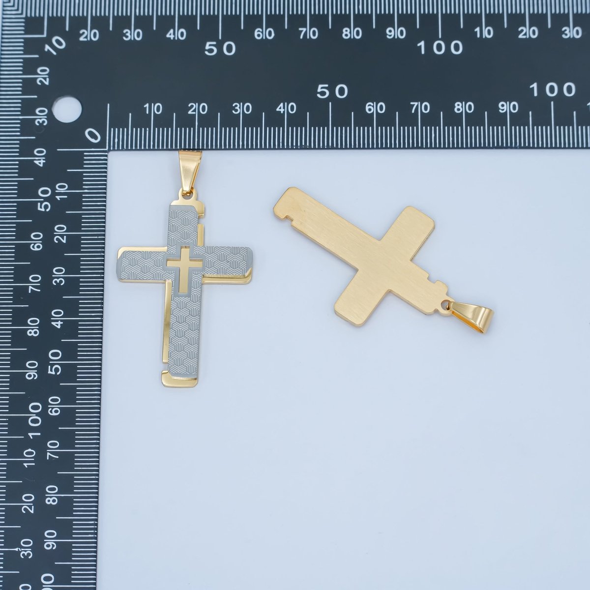 Stainless Steel Geometric Lined Double Cross Pendant in Gold & Mixed Metal | P1049 - DLUXCA