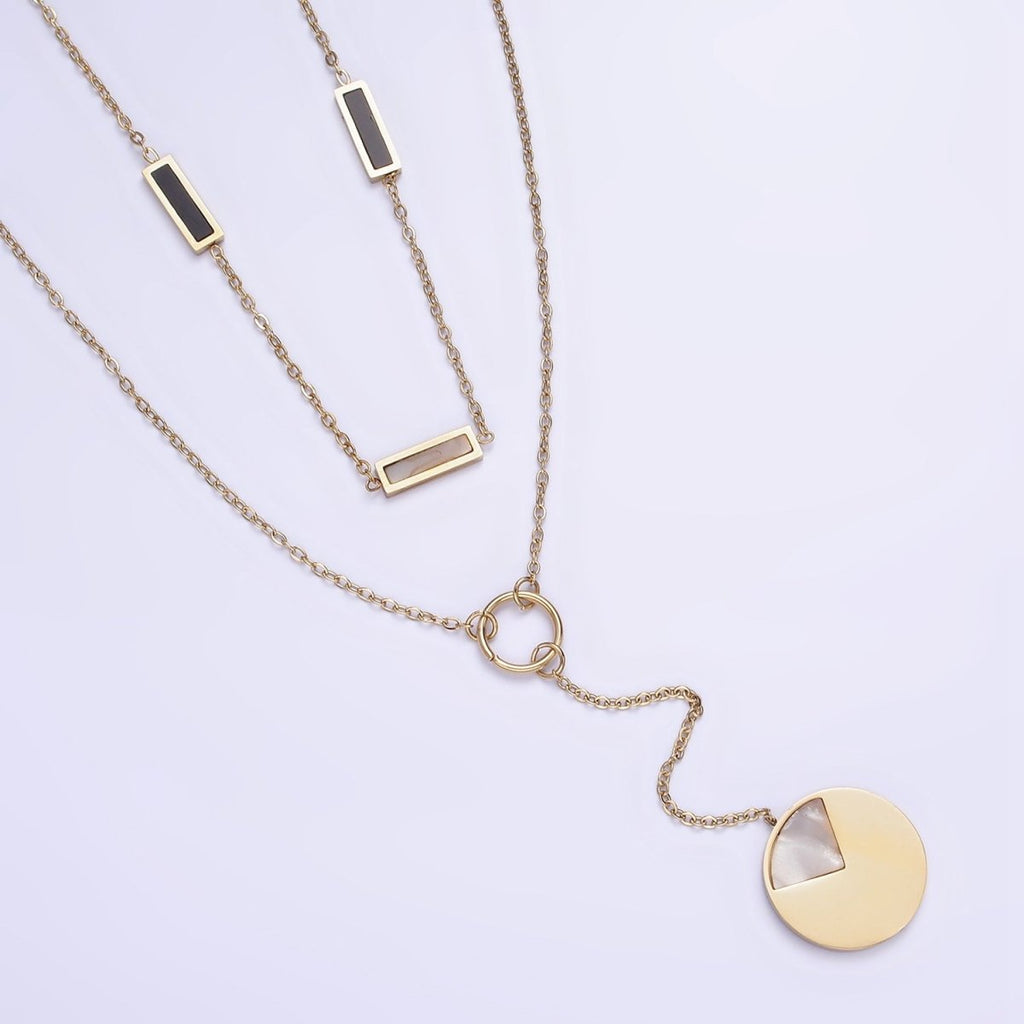 Stainless Steel Geometric Shell Pearl, Black Bar Lariat Round Pearl Cable Double Layer Stack Necklace | WA-2083 Clearance Pricing - DLUXCA