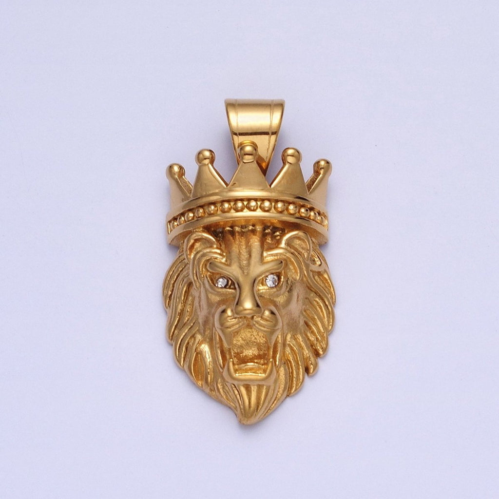 Stainless Steel Gold Crowned Roaring Lion King Pendant in Gold & Silver J-749 J-752 - DLUXCA