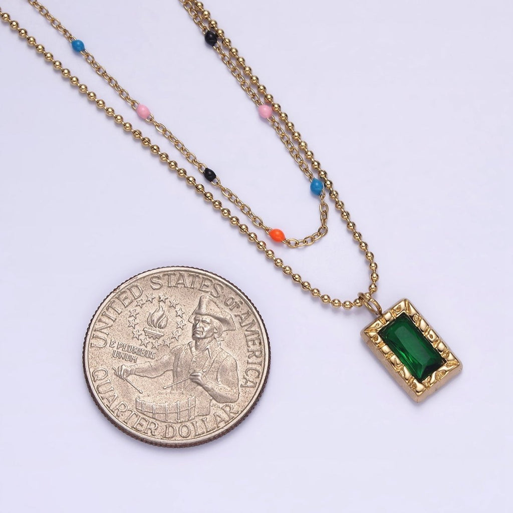 Stainless Steel Green Baguette Hammered Bead Enamel Satellite Double Layer Stack Necklace | WA-2066 Clearance Pricing - DLUXCA
