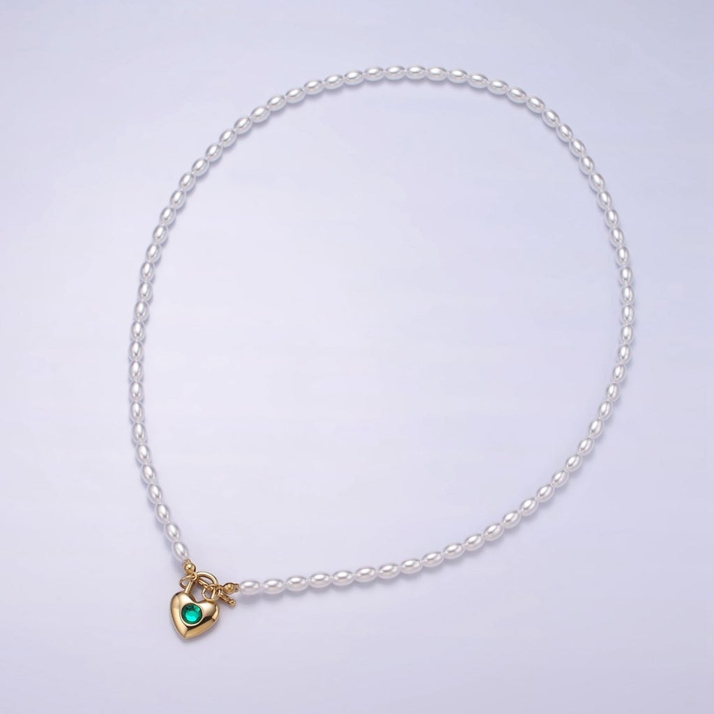 Stainless Steel Green CZ Heart Toggle Shell Pearl 18.5 Inch Necklace | WA - 2540 - DLUXCA