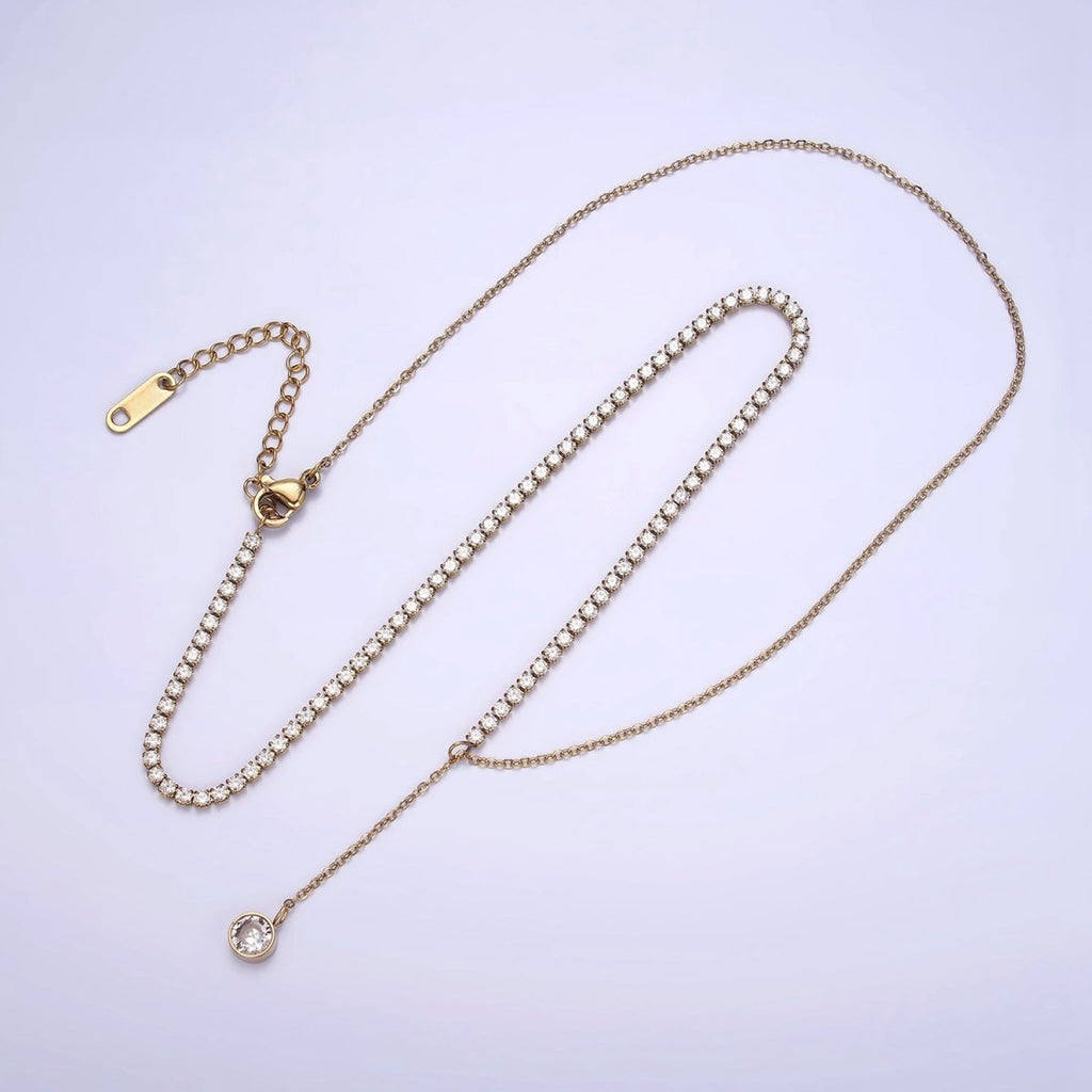 Stainless Steel Half Cable Tennis Chain Clear CZ Round Lariat 18.5 Inch Necklace | WA-2030 Clearance Pricing - DLUXCA