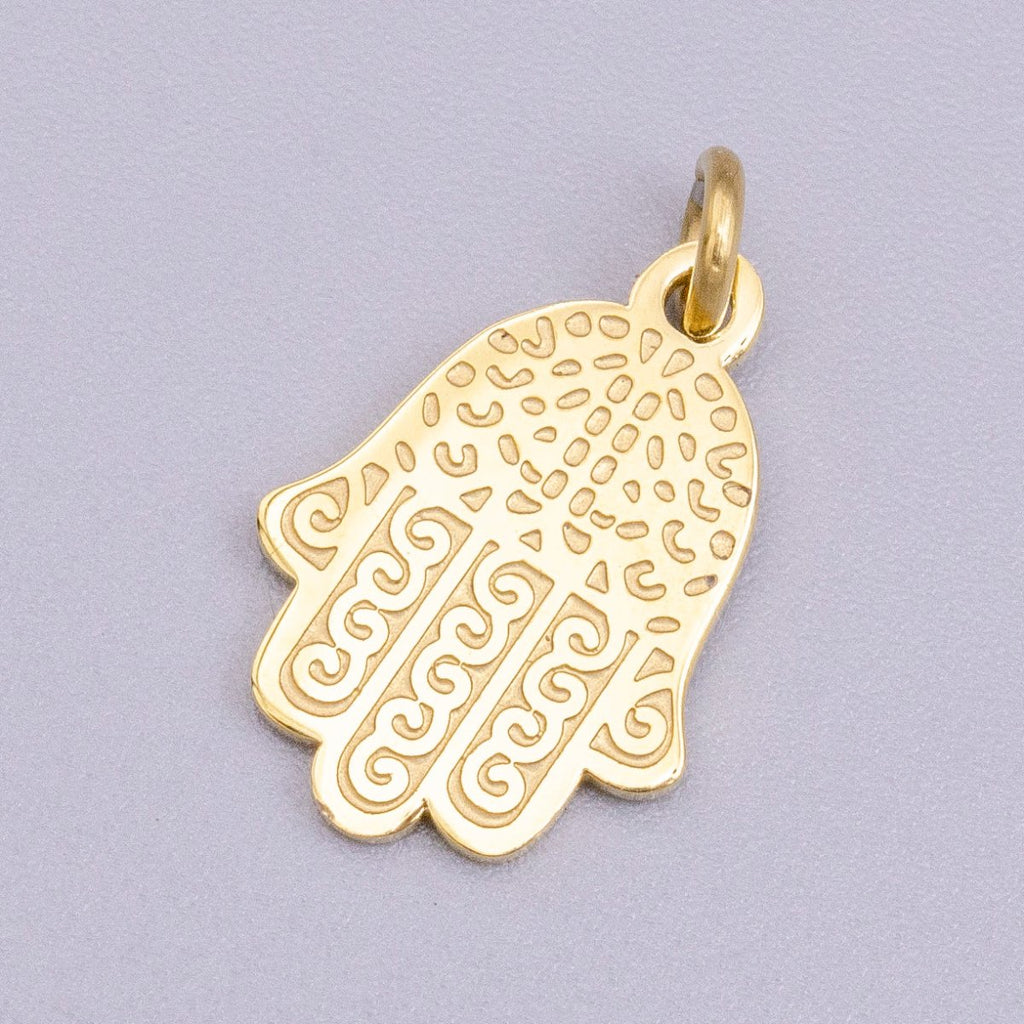 Stainless Steel Hamsa Hand Curl Doodle Engraved Charm in Gold & Silver | P-917 - DLUXCA