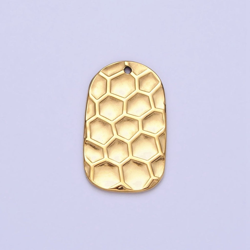 Stainless Steel Honey Comb Hammered Rectangular Tag Charm in Gold & Silver | P-891 - DLUXCA