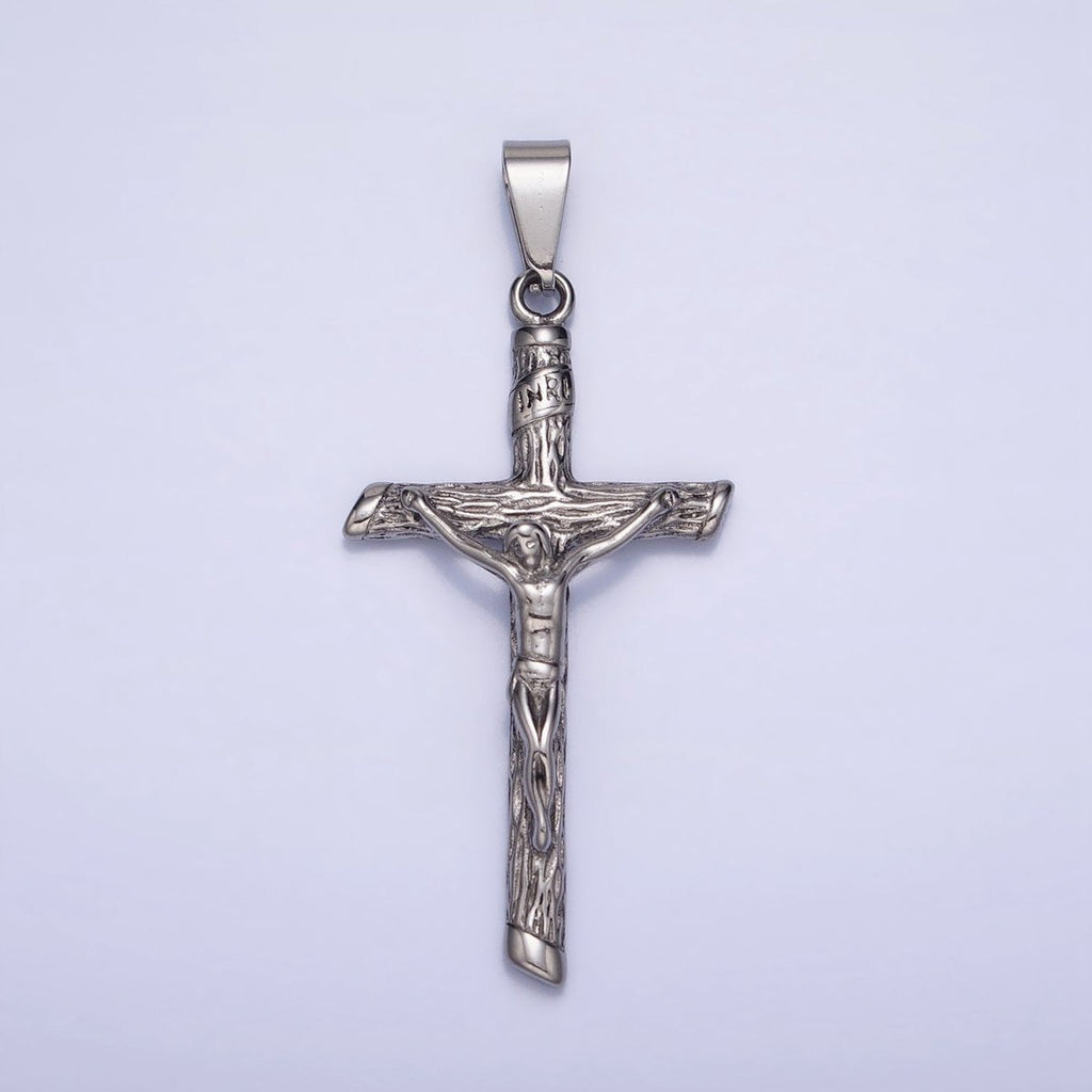 Stainless Steel INRI Crucifix Jesus Wood-Textured Cross 50mm Pendant in Gold & Silver J-812 J-813 - DLUXCA
