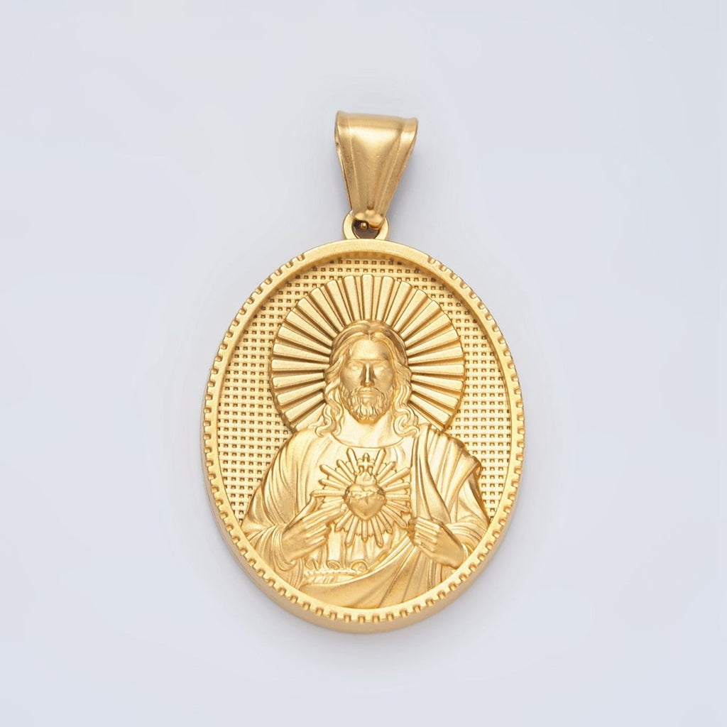 Stainless Steel Jesus Sacred Heart Textured Oval Pendant | P1468 - DLUXCA