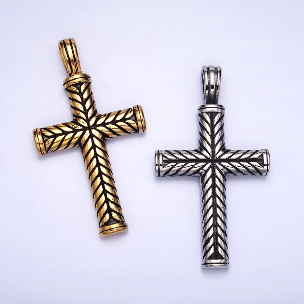 Stainless Steel Line-Engraved Religious 55mm Cross Pendant in Gold & Silver P-1144 - DLUXCA