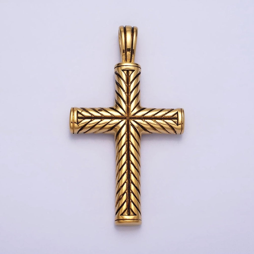 Stainless Steel Line-Engraved Religious Cross 55mm Gold Pendant | P-1162 - DLUXCA