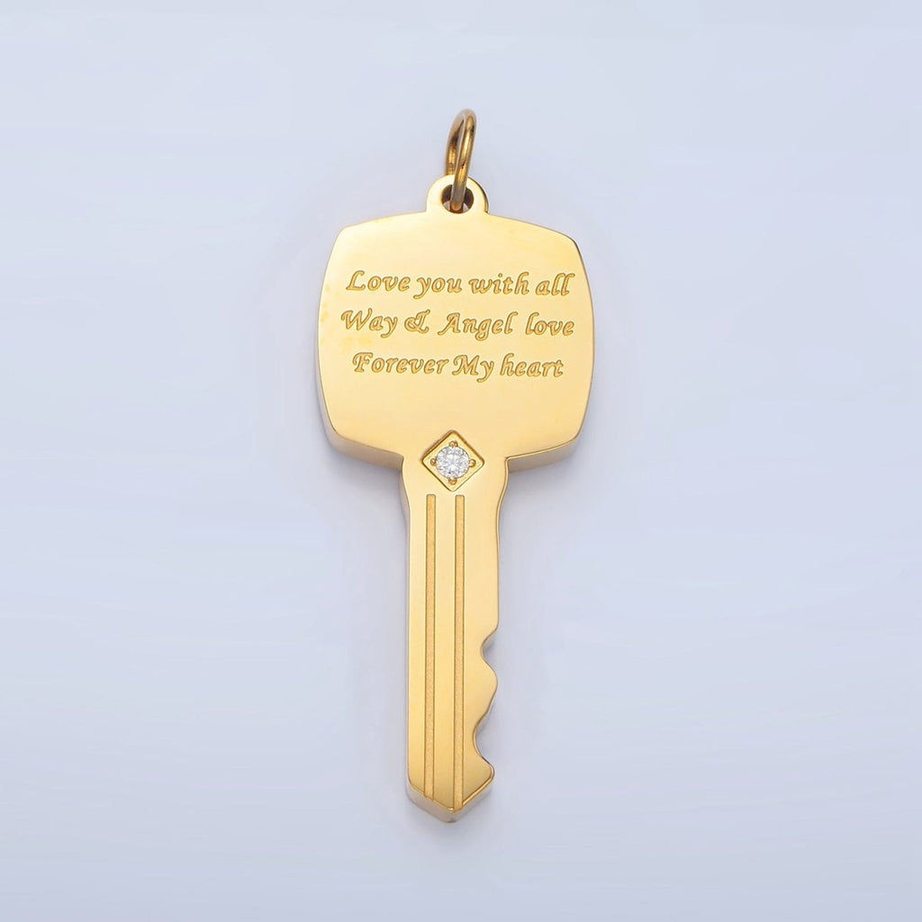 Stainless Steel Love Engraved CZ Key Lock Charm | P1021 - DLUXCA