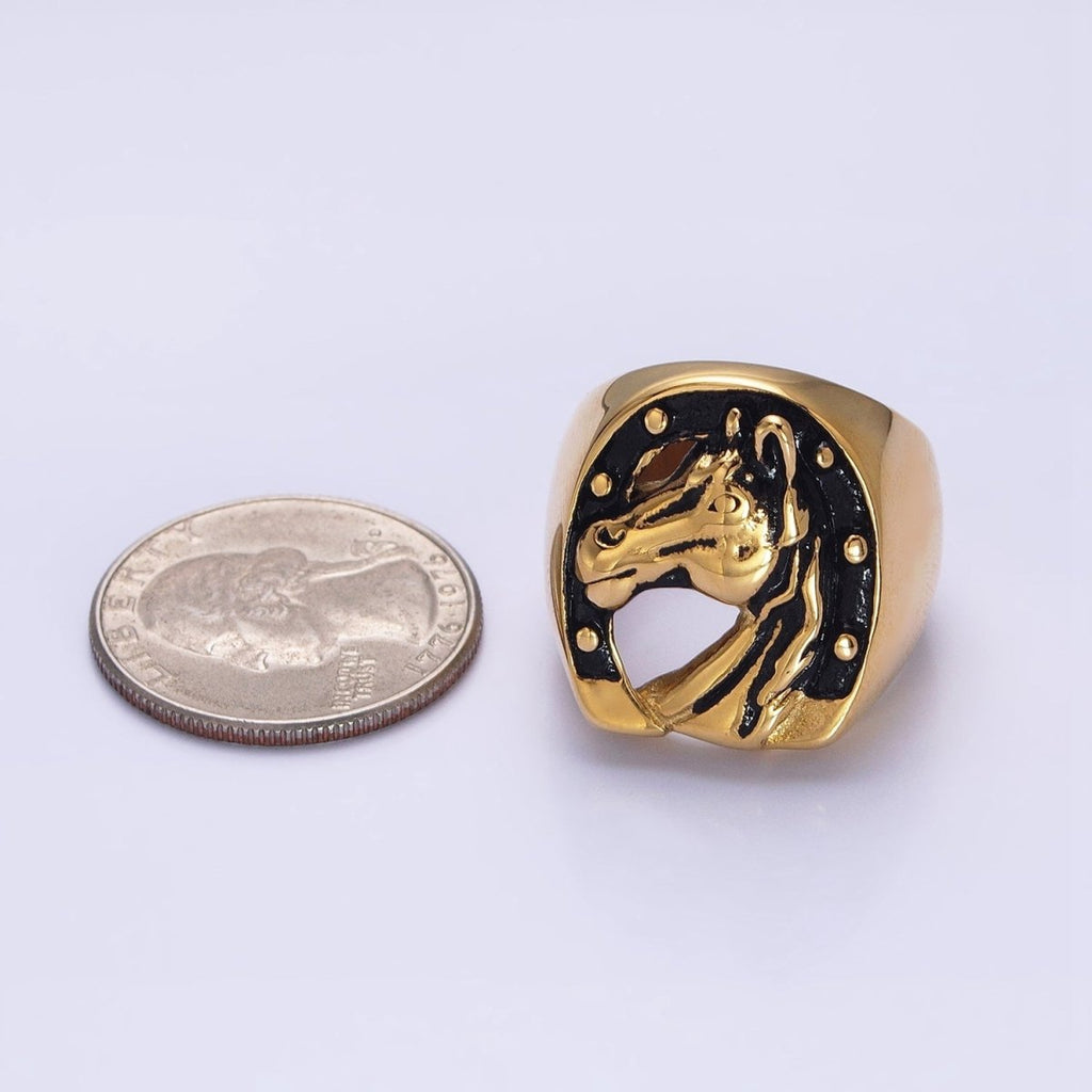 Stainless Steel Lucky Horse Shoe Animal Oval Signet Ring in Gold & Silver | O-1958 O-1959 O-1960 O-1961
