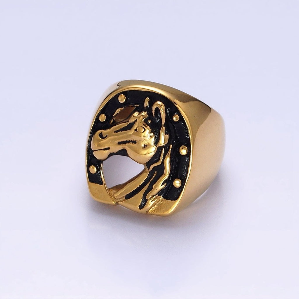 Stainless Steel Lucky Horse Shoe Animal Oval Signet Ring in Gold & Silver | O-1958 O-1959 O-1960 O-1961