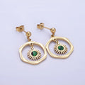 Stainless Steel Malachite, Turquoise Round Open Circular Lined Drop Stud Earrings | AE469 AE470