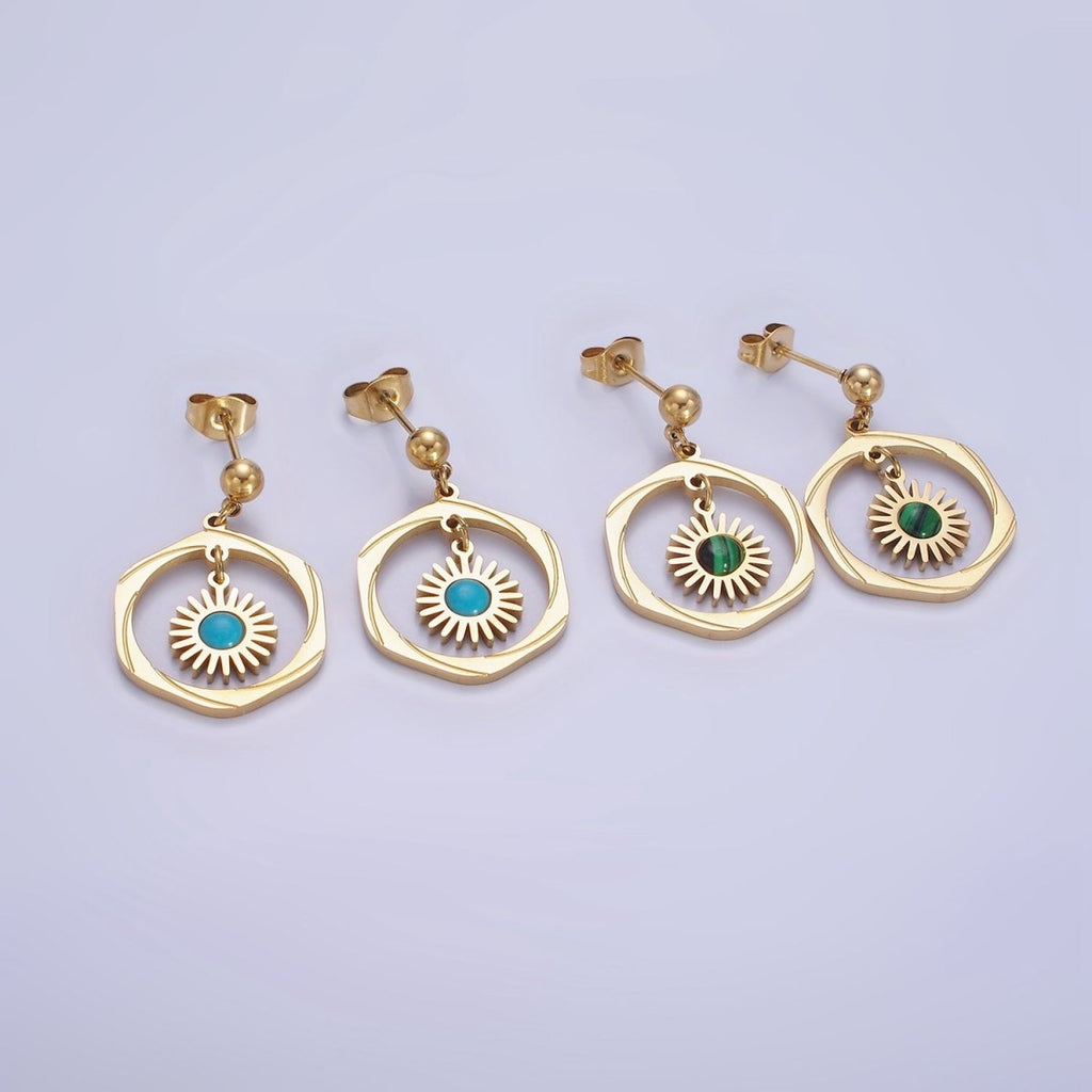 Stainless Steel Malachite, Turquoise Round Open Circular Lined Drop Stud Earrings | AE469 AE470