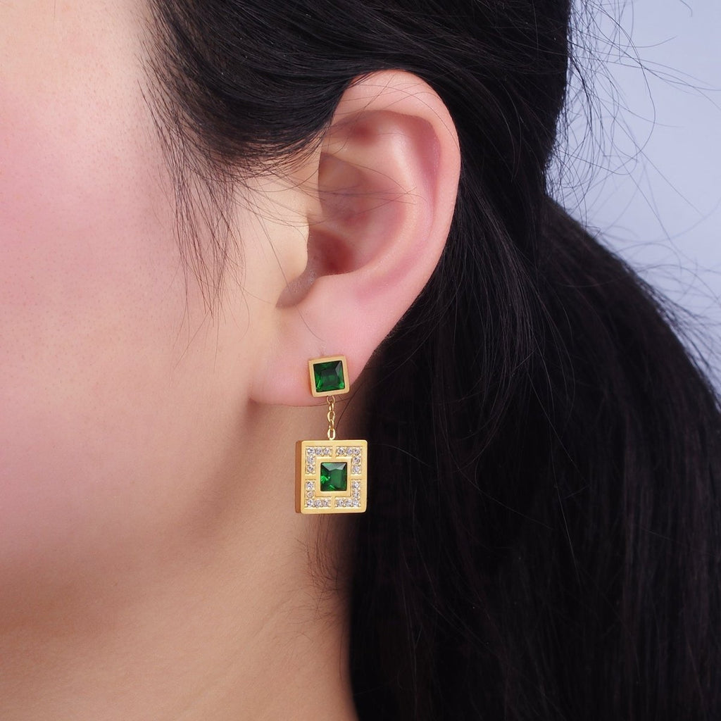Stainless Steel Micro Paved CZ Green Square Drop Stud Earrings | AE468 - DLUXCA