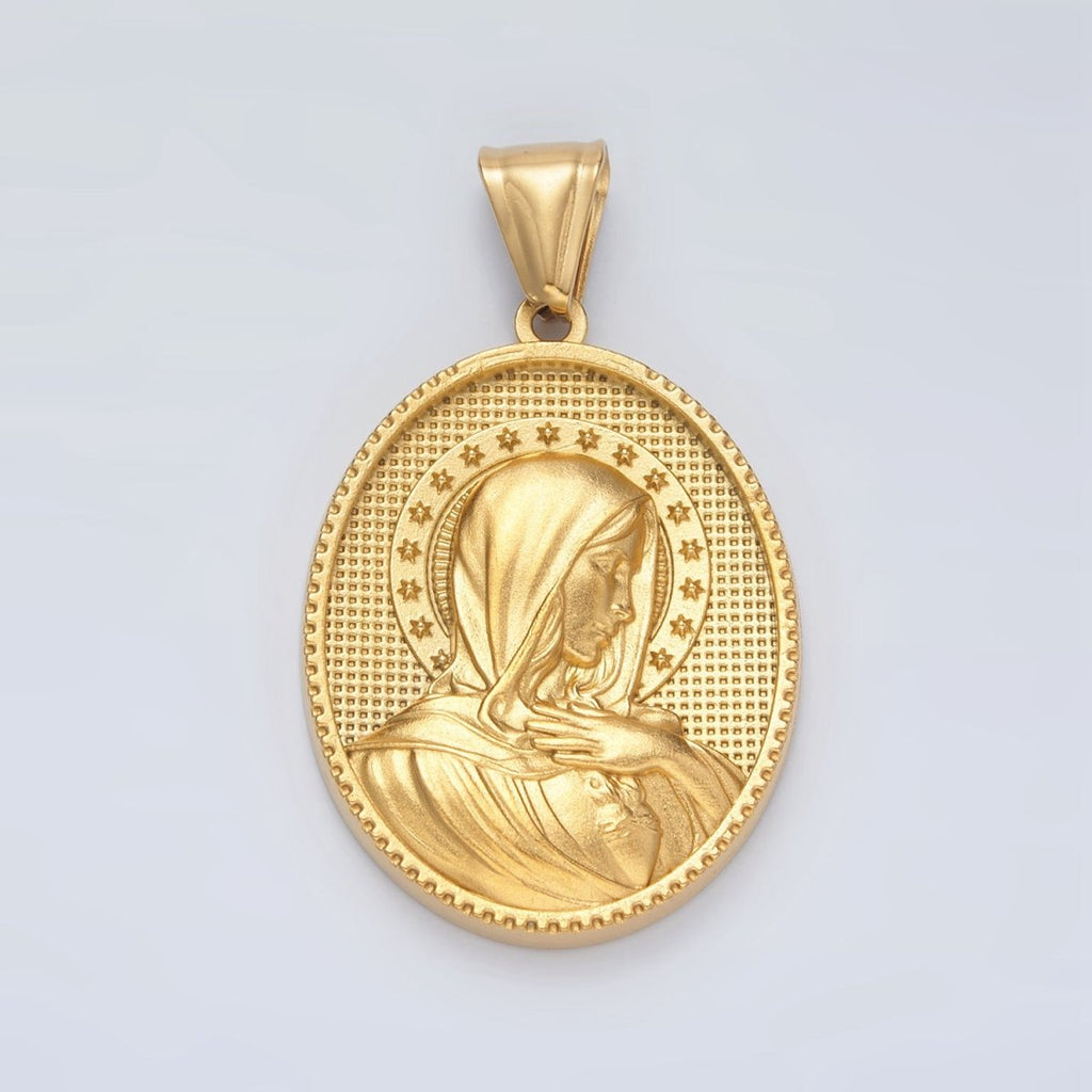 Stainless Steel Miraculous Lady Guadalupe Mary Stars Textured Oval Pendant | P1470 - DLUXCA