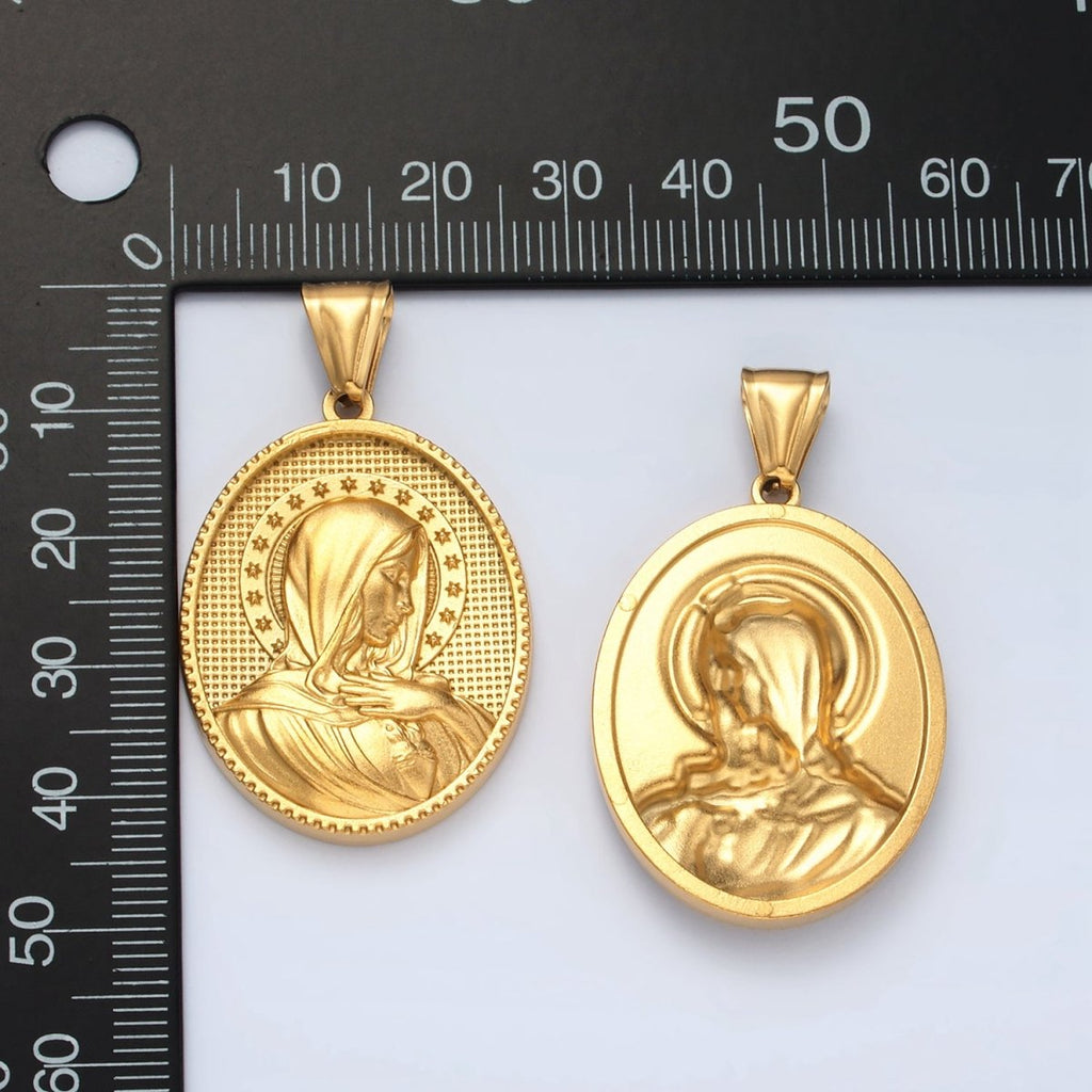 Stainless Steel Miraculous Lady Guadalupe Mary Stars Textured Oval Pendant | P1470 - DLUXCA