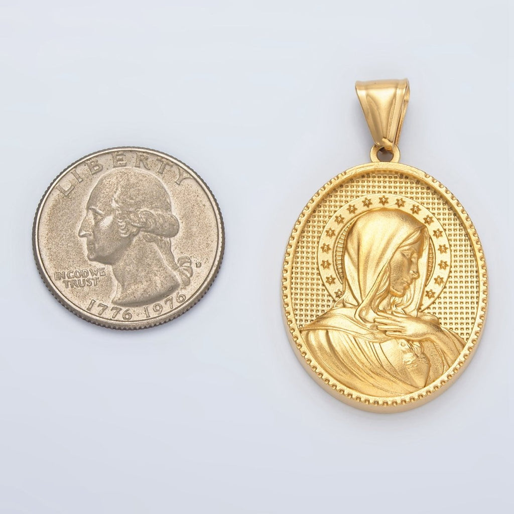 Stainless Steel Miraculous Lady Guadalupe Mary Stars Textured Oval Pendant | P1470 - DLUXCA