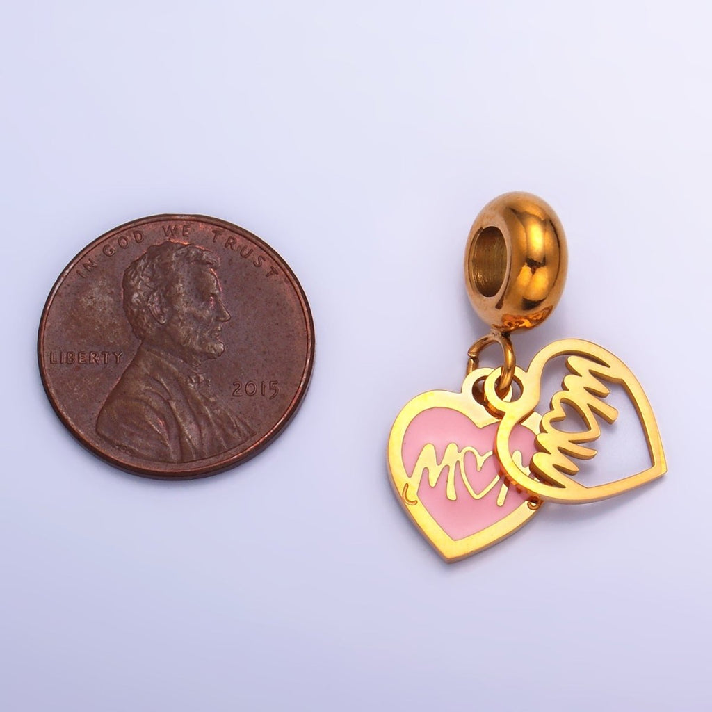 Stainless Steel "MOM" Script Double Enamel Rhondelle Drop Pendant | P752 - DLUXCA